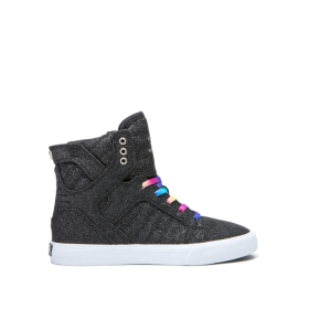 Supra Kids SKYTOP Black Sparkle/White High Top Shoes | CA-47836